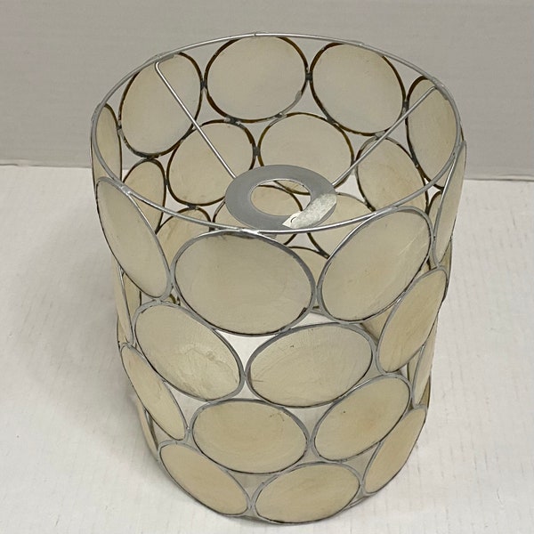 Vintage Capiz Shell Pendant Light Shade-Cylinder shape-Circle Tiles- Pearlised Natural Shell-Lightweight Silver Metal Frame-Retro Home Decor