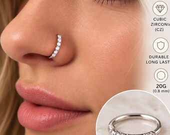 14k Solid White Gold Ultimate Multi 1.2mm cz's Nose Ring Hoop Stud..18g.or 20g..7mm..Beautifull !!!!