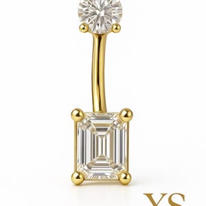 14k Solid Gold Square and Round top cz Navel Belly Ring,internally threaded 14g..10mm