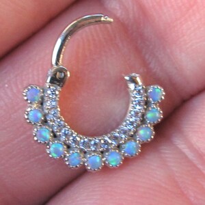 14k Solid White Gold Daith Piercing Blue Opal cz's Clicker Ring..16g..8mm