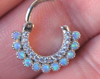 14k Solid White Gold Daith Piercing Blue Opal cz's Clicker Ring..16g..8mm