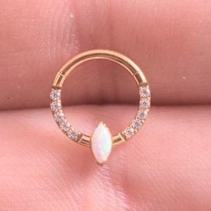 Gold pvd overTitanium Daith,Septum Hinged Segment Hoop Ring With Marquise Opal...16g..8mm or 10mm Implant Grade