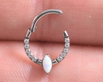 Titanium Daith,Septum Hinged Segment Hoop Ring With Marquise Opal...16g..8mm Implant Grade