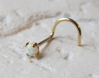 14kt Solid Gold White Opal Nose Ring Stud..20g...1.5mm opal