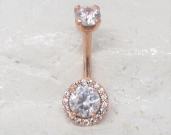 Piercing de umbigo em ouro rosa maciço 14k, conjunto de pedras preciosas, anel com rosca interna, 14g, 10 mm