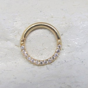 14k Solid Gold Septum,Daith Piercing Hinged Hoop Half Paved cz Clicker Ring..16g..8mm or 10mmH image 2