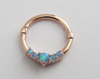 14k Solid Rose Gold Septum,Daith Piercing Clicker Ring With Blue Opals..16g..8mm or 10mm