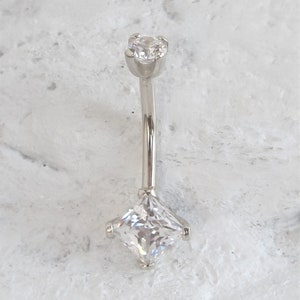 14k Solid White Gold belly button ring,Square Prung Navel Belly button Ring..Internally Threaded..14g..10mm