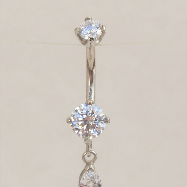 14k Solid White Gold Dangly Navel,Belly button Ring..Internally Threaded..14g..10mm