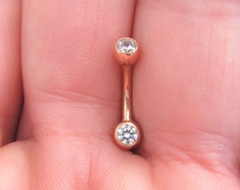 14k Solid Rose Gold Belly button Ring,Vch piercing, Double Jeweled Curved Barbell.Internally Threaded Ball Top..14g..8mm
