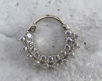 14k Solid White Gold Daith Piercing  Multistone Clicker Ring..16g..8mm..Beautiful
