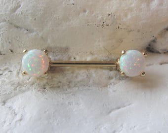 Golden,White Opals(5mm) Nipple Piercing Ring Barbell..14g..12mm,14mm..Or 16mm(Single one)