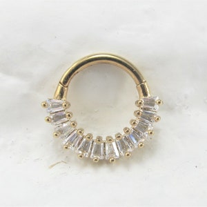 Gold Daith,Septum Clicker..Baguette cz's Surgical Steel 16g..8mm(C04G)