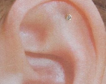 14K Solid Gold Helix,Cartilage Bezel Set Mini Cz Barbell Ring Earring Jewelry..16g..6mm