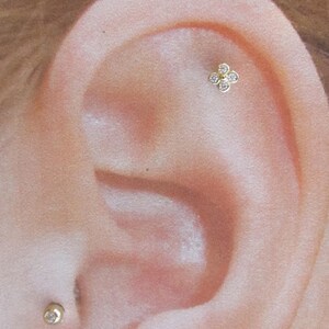 14k Solid Gold Helix,Cartilage Bezel Set 4 cz Barbell ring Jewelry..16g..6mm