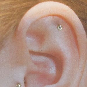 14k Solid Gold Tiny Helix,Cartilage Prung Set Cz Barbell Earring Stud..16g..6mm