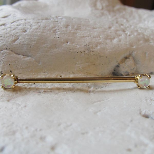 Golden,White 4mm Opals Industrial Barbell..14g..35mm