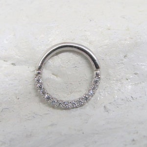 14k Solid White Gold Septum,Daith piercing Hinged Half Paved cz Clicker Ring..16g..8mm or 10mm