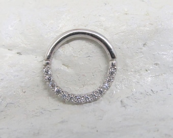 14k Solid White Gold Septum,Daith piercing Hinged Half Paved cz Clicker Ring..16g..8mm or 10mm