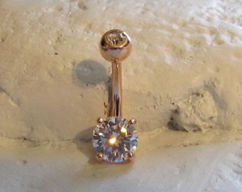 Rose Gold,Brilliant cz's, Surgical Steel Prung Set Navel Belly button Ring.14g.10mm..5mm ball cz,7mm cz