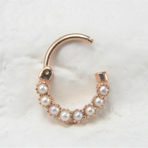14K Rose Gold Pearl Septum Piercing Clicker Ring 16G 8mm Solid Rose Gold