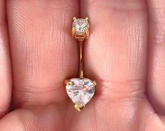 Gold pvd plated Heart Double Jeweled prung top Belly button ring..14g 7/16