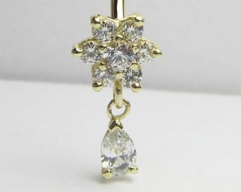 14kt solid yellow gold navel ring flower and teardrop cz's 14g