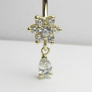 14kt solid yellow gold navel ring flower and teardrop cz's 14g