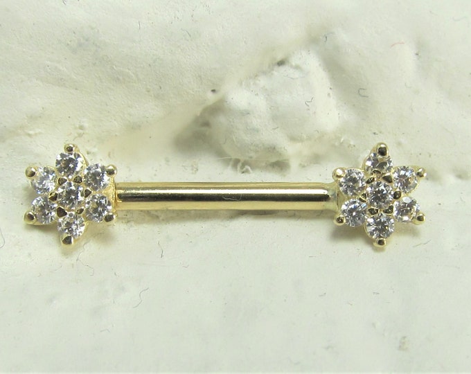 14k Solid Gold Nipple Flower single one 6mm Prung Set Nipple Barbell..14g..12mm OR 14mm..6mm flowers