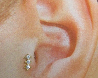 14k Solid Gold  Tragus Piercing Triple Prubg Set cz's Labret..16g..6mm