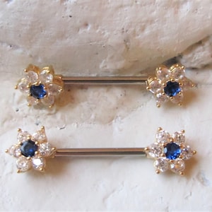 Gold Plated Nipple Brilliant Flower with blue center cz Barbells Set Of 2..14g..14mm OR  16mm