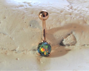 Rose Gold Plated,synthetic Black Opal Navel Belly button Ring..14g..10mm