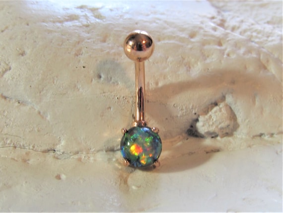 Rose Gold Plated synthetic Black Opal Navel Belly Button Ring 14g