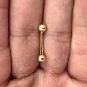 14K Solid Gold Tongue Barbell...14G...4mm Balls