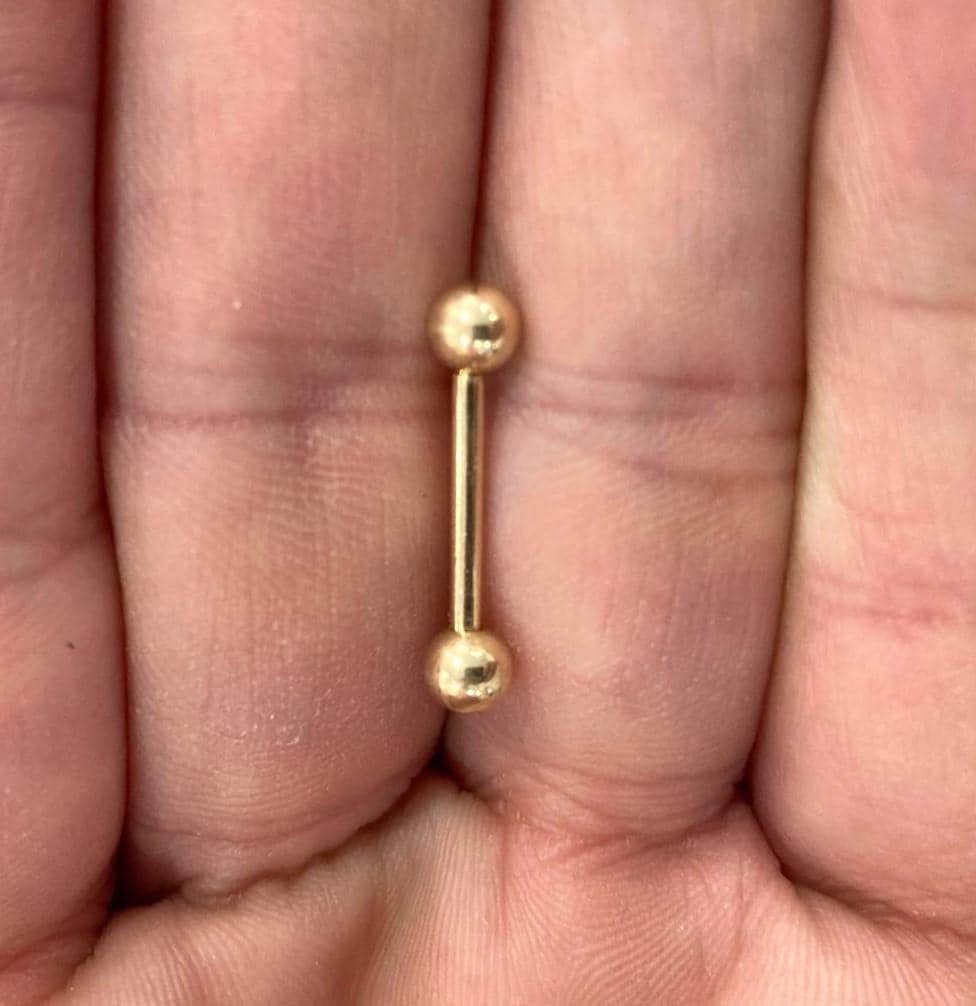 14K Solid Gold Tongue Barbell...14G...4mm Balls