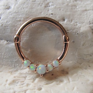 14k Solid Rose Gold,White Opals Septum,Daith Piercing Clicker Ring..16g..8mm or 10mm