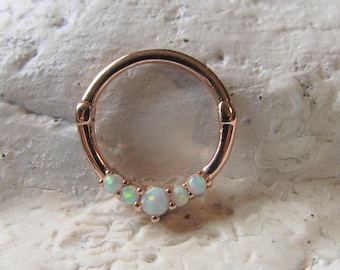 14k Solid Rose Gold,White Opals Septum,Daith Piercing Clicker Ring..16g..8mm or 10mm