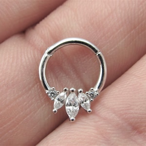 14k White Gold Septum Multi Marquise Hinged Clicker Ring..16g..8mm OR 10mm
