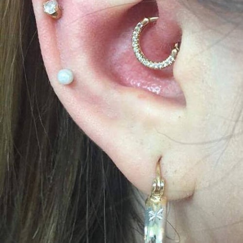 14k Solid Rose Gold Daith Piercing Lined Cz Clicker Etsy