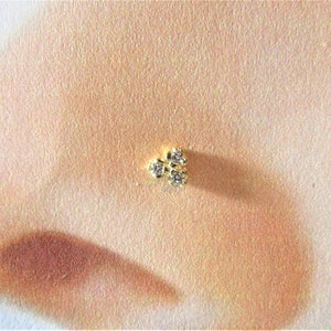 14kt Solid gold Prung Set 3 Cz Nose ring Stud..20g..Twist Or Straight