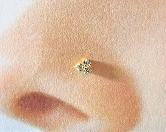 14kt Solid gold Prung Set 3 Cz Nose ring Stud..20g..Twist Or Straight