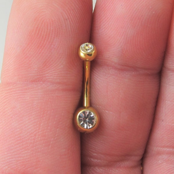 Golden Double Jeweled Surgical steel navel belly ring..14g..10mm..4mm and 6mm balls