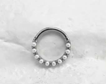 Pearl Septum Piercing Surgical Steel Hinged Clicker Ring..16g..8mm