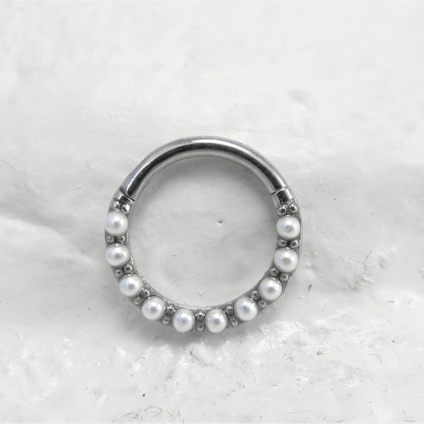 Pearl Septum Piercing Surgical Steel Hinged Clicker Ring..16g..8mm