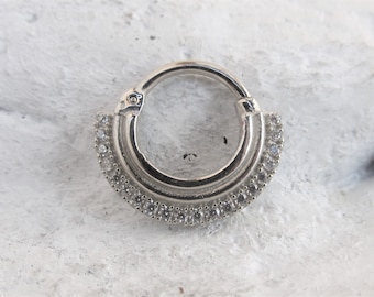 14k Solid White Gold Septum Lined Cz's Clicker Ring..16g..8mm..Beautiful