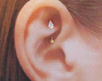 Rose Gold Plated Rook Piercing Prung set Tear Drop Curved Barbell Ring..16g..8mm..3mm ball