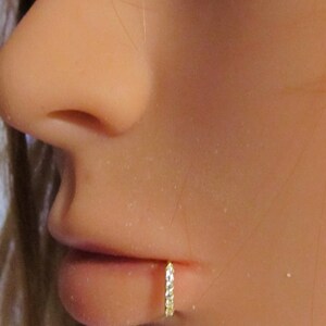 May include: A gold lip ring with clear cubic zirconia stones.