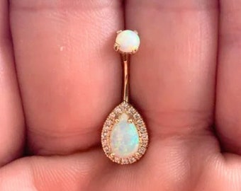 14k Rose Gold Diamonds and Opal Belly Button Ring..internally threaded..14g..10mm