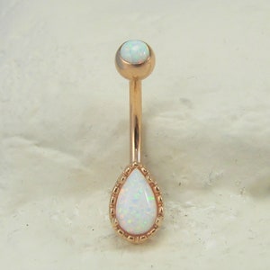 Rose Gold Opal Teardrop Surgical Steel Belly Button Ring..Internally Threaded..14g..7/16