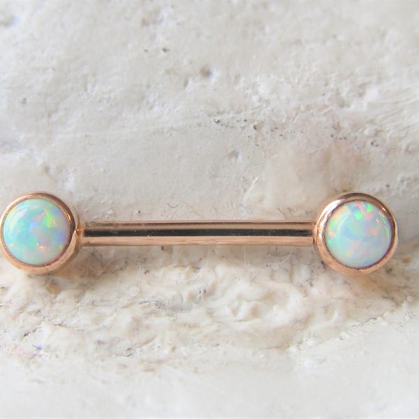 14k Solid Rose Gold,White Opals Threadless push pin Nipple Piercing Barbell Ring..14g..12mm or 14mm(Single one)